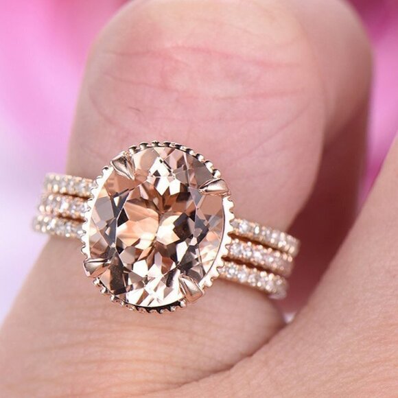 💝 3 pcs/set Rose Gold Oval Bridal Wedding/Engagement Ring Set, VIP241 - Picture 4 of 5